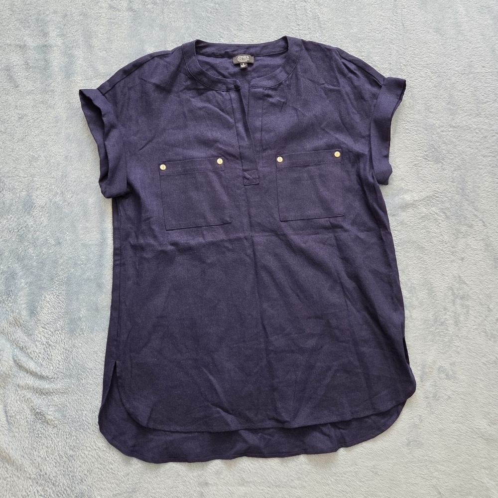 Jones New York Linen Blend Navy Blouse Size Small